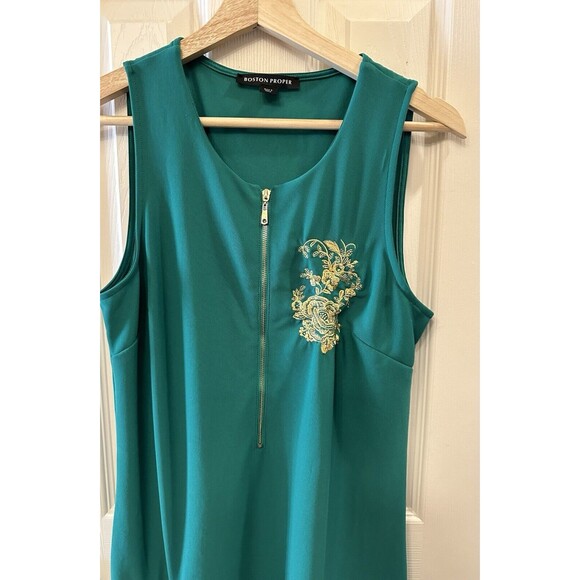 Boston Proper Green Sheath Gold Embroidery Sleeveless Front Zip Size S Small EUC - Picture 3 of 9